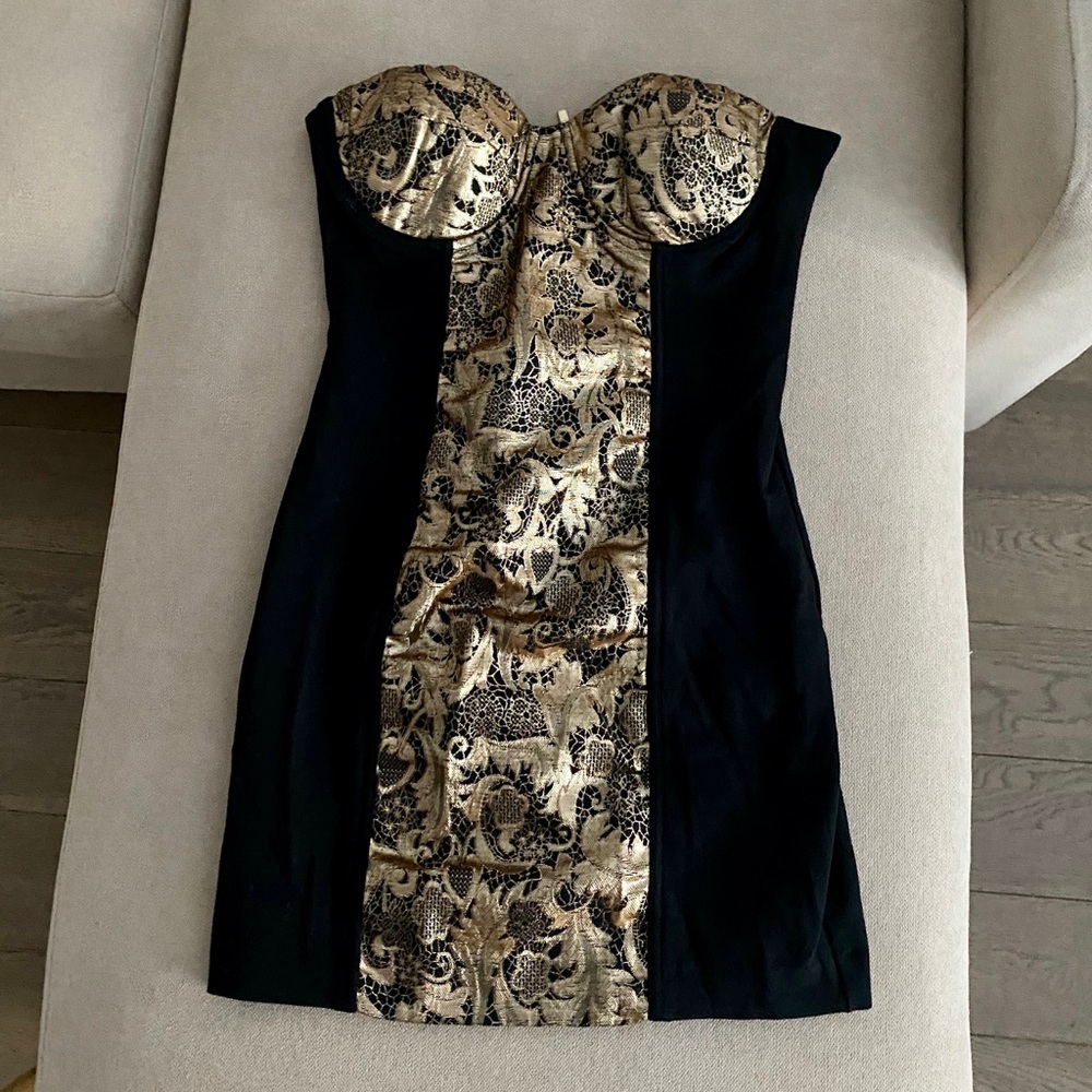 Bebe Black Gold Lace Strapless Mini Dress XS